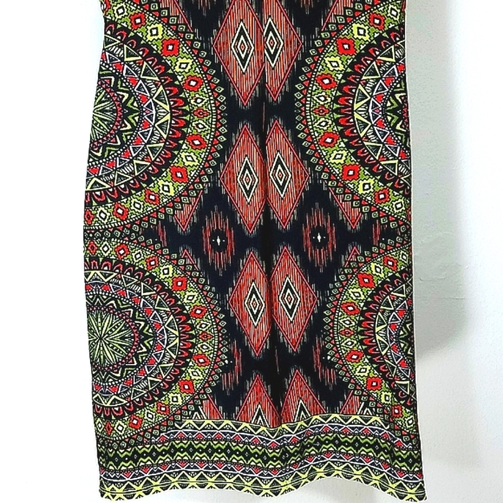 Riley Dress short sleeve Sheath bodycon neon stretch orange yellow black geometr - Picture 9 of 9